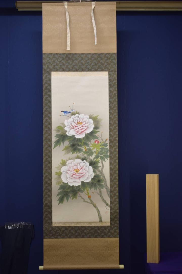 真作/翠風/牡丹に小禽図/布袋屋掛軸HI-902