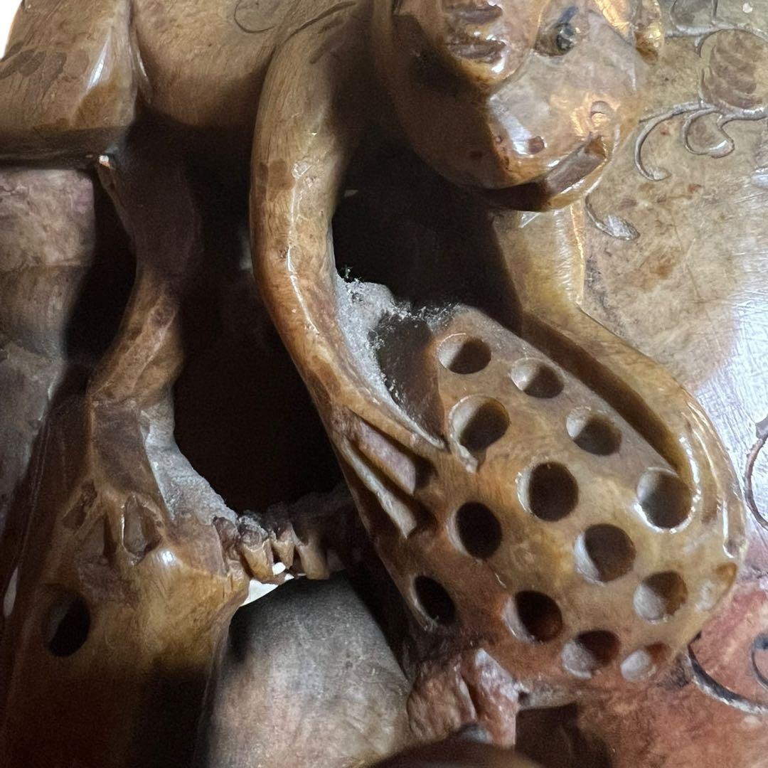 中国美術 寿山石 彫刻 置物 縁起物 【猿・蓮・雉】天然石 石彫 アンティーク