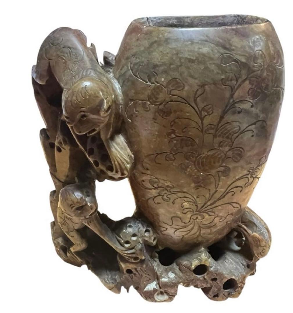 中国美術 寿山石 彫刻 置物 縁起物 【猿・蓮・雉】天然石 石彫 アンティーク