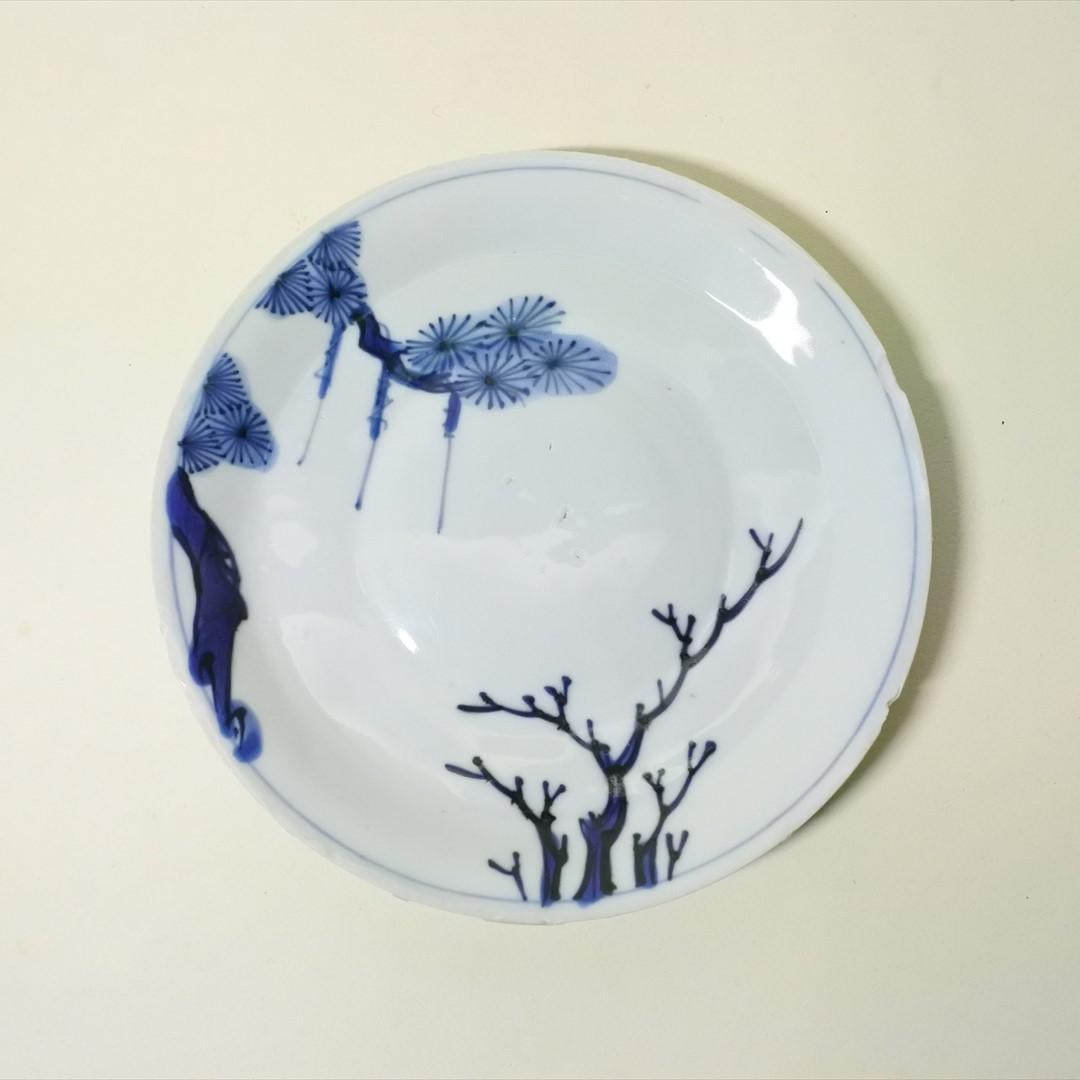 中国　明末清初　古染付　松図　皿　骨董品　アンティーク