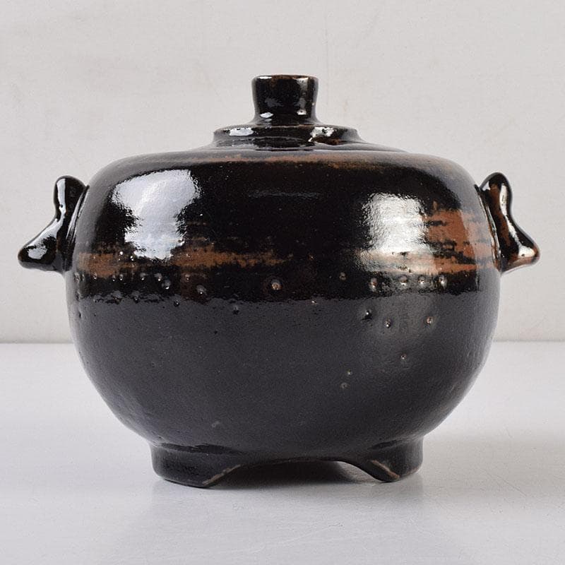 人間国宝　濱田庄司作　黒釉　双耳香炉　蓋付香炉　共箱　M　R9216