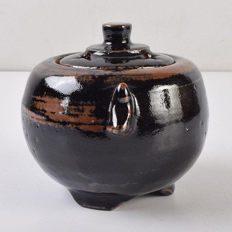 人間国宝　濱田庄司作　黒釉　双耳香炉　蓋付香炉　共箱　M　R9216
