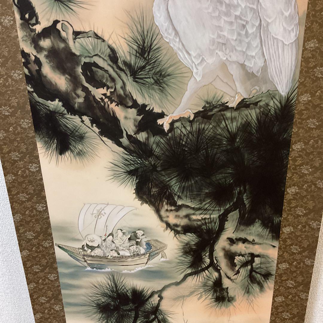 金運満願図 絹本彩色画 祝い軸【赤富士、白鷹、茄子 七福神宝舟】 桐箱