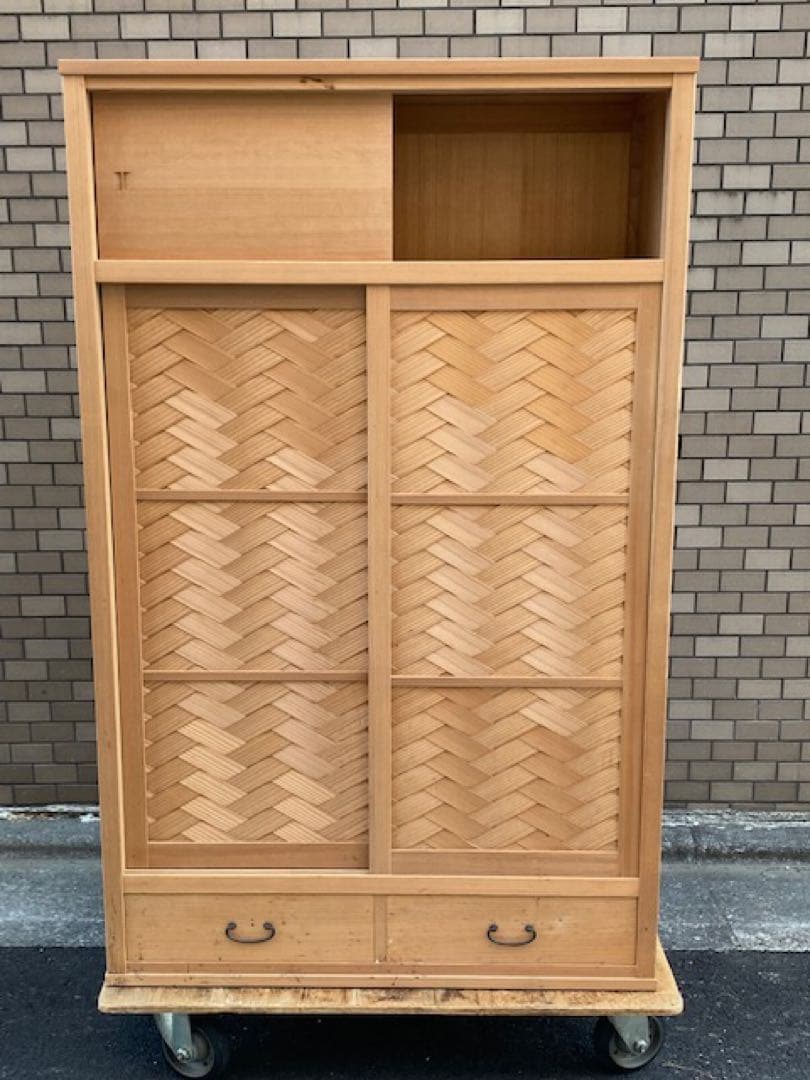 伝統工芸高級水屋道具杉無垢材網代引戸アジロ茶道具煎茶棚置水屋茶箪笥飾り棚和家具