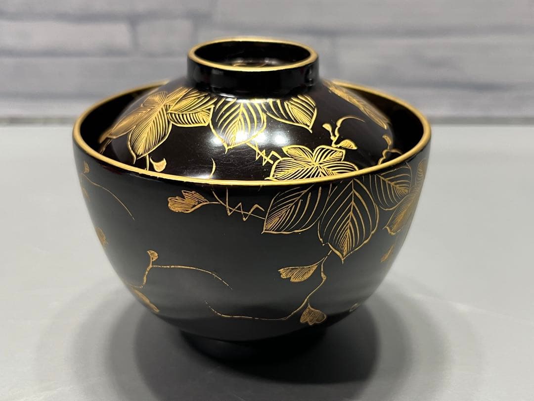 時代　極上　輪島塗　沈金蒔絵　小さな吸物椀　五客　木製